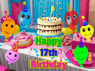 Happy Birthday Age 17 GIF, 17th Birthday GIF: A birthday animated gif with a party room in the background and cute balloons, cake, and name to customize.
