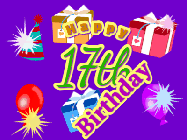 Happy Birthday Age 17 GIF, 17th Birthday GIF: Animated Birthday GIF with growing and shrinking background and sparklers and a customizable name that spins around.