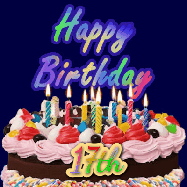 Happy Birthday Age 17 GIF, 17th Birthday GIF: A dark blue birthday gif with a beautiful cake with flickering candles, background sparkles and a name to customize.