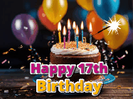 Happy Birthday Age 17 GIF, 17th Birthday GIF: A birthday cake with flickering candles gif with text reading Happy Birthday and a Name slot to customize