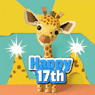 Happy Birthday Age 17 GIF, 17th Birthday GIF: Cute giraffee birthday gif depicting a paper cutout bobbing giraffe head and birthday text you can customize with sparklers.