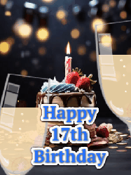 Happy Birthday Age 17 GIF, 17th Birthday GIF: A beautiful birthday cake gif with 2 champagne glasses making a toast where a sparkle shines and candle flame flickers.