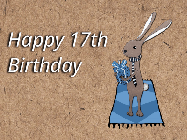 Happy Birthday Age 17 GIF, 17th Birthday GIF: A cute little bunny gif with balloons rising up as it hold a gift box. Text reads Happy Birthday Name. Customize it.