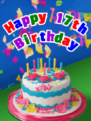 Happy Birthday Age 17 GIF, 17th Birthday GIF: A brightly colored animated birthday gif with a cake and a cute cartoon dragon flies past to light the candles. Customize banner text.