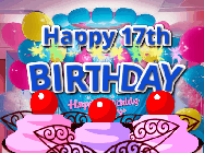 Happy Birthday Age 17 GIF, 17th Birthday GIF: Birthday animated gif with sparklers on text name you can customize. Brightly colored with a close up cake cherries.