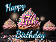Happy Birthday Age 17 GIF, 17th Birthday GIF: A delicious cupcake gif with animated sparkles reading Happy Birthday with a name to customize