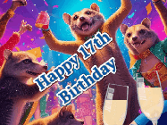 Happy Birthday Age 17 GIF, 17th Birthday GIF: Happy Birthday GIF depicting a mongoose party with animated fireworks, sparkles and champagne. Reads Happy Birthday Name. Customize it.