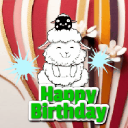 Happy Birthday Age 17 GIF, 17th Birthday GIF: A cute lamb gif with a bouncing lamb with sparklers with text flashing Happy Birthday Name that can be customized.