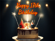 Happy Birthday Age 17 GIF, 17th Birthday GIF: Animated birthday cake gif with sparklers on a dark background. Personalize up to 3 lines of text.