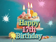Happy Birthday Age 17 GIF, 17th Birthday GIF: A colorful animated Happy Birthday Cake GIF with swirling sparkles and flickering candles. It reads Happy Birthday Name