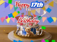 Happy Birthday Age 17 GIF, 17th Birthday GIF: Happy Birthday Cake GIF with a cat, lamb, and squirrel on the cake with flickering candles, a sparkler, and falling confetti. Reads Happy Birthday Name and you can customize the name