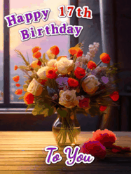 Happy Birthday Age 17 GIF, 17th Birthday GIF: A vase of flowers and animated hearts pop in and out as the words Happy Birthday Name appears that you can customize