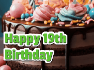 Happy Birthday Age 19 GIF, 19th Birthday GIF: A beautiful and elegant birthday cake gif with pink text to customize and animated flowers.