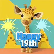 Happy Birthday Age 19 GIF, 19th Birthday GIF: Cute giraffee birthday gif depicting a paper cutout bobbing giraffe head and birthday text you can customize with sparklers.