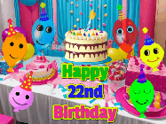 Happy Birthday Age 22 GIF, 22nd Birthday GIF: A birthday animated gif with a party room in the background and cute balloons, cake, and name to customize.
