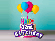 Happy Birthday Age 22 GIF, 22nd Birthday GIF: A beautiful birthday cake gif with candles, balloons and falling confetti stars. Personalize the name.