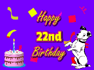 Happy Birthday Age 22 GIF, 22nd Birthday GIF: Silly happy birthday gif with a cute dog in a corner and rainbow animation confetti. Birthday cake in order with candle.