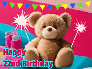 Happy Birthday Age 22 GIF, 22nd Birthday GIF: A cute birthday teddy bear animated birthday gif with the bear holding sparklers and text to customize.