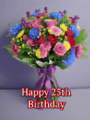 Happy Birthday Age 25 GIF, 25th Birthday GIF: A beautiful animated birthday gif with a bouquet of flowers and animated hearts reading Happy Birthday Customize