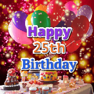 Happy Birthday Age 25 GIF, 25th Birthday GIF: Animated happy birthday gif on a bright red glittery background and 3 lines of text reading Happy Birthday Customize