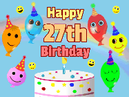 Happy Birthday Age 27 GIF, 27th Birthday GIF: Look at these cute balloons! Floating above a birthday cake. Animated happy faces too. Happy Birthday GIF. Customize. 