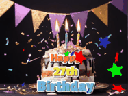Happy Birthday Age 27 GIF, 27th Birthday GIF: Happy birthday cake animated gif with flickering candles, animated text, and falling confetti. Customize text reading Happy Birthday Customize.
