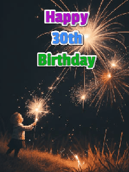 Happy Birthday Age 30 GIF, 30th Birthday GIF: A little girl launching birthday sparklers at night with Happy Birthday Name text you can personalize. 