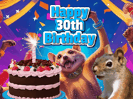 Happy Birthday Age 30 GIF, 30th Birthday GIF: A silly animated birthday gif, a chipmunk lights bady cake sparkler with laser beam eyes and starts a bright glitter party.