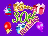 Happy Birthday Age 30 GIF, 30th Birthday GIF: Animated Birthday GIF with growing and shrinking background and sparklers and a customizable name that spins around.