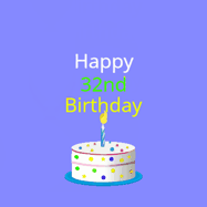 Happy Birthday Age 32 GIF, 32nd Birthday GIF: What a cute birthday gif! an emoji happy face falls down with a balloon, reveals a birthday cake, and rolls away.
