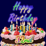Happy Birthday Age 32 GIF, 32nd Birthday GIF: A dark blue birthday gif with a beautiful cake with flickering candles, background sparkles and a name to customize.