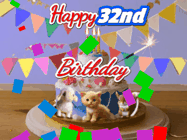 Happy Birthday Age 32 GIF, 32nd Birthday GIF: Happy Birthday Cake GIF with a cat, lamb, and squirrel on the cake with flickering candles, a sparkler, and falling confetti. Reads Happy Birthday Name and you can customize the name