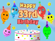 Happy Birthday Age 33 GIF, 33rd Birthday GIF: Look at these cute balloons! Floating above a birthday cake. Animated happy faces too. Happy Birthday GIF. Customize. 