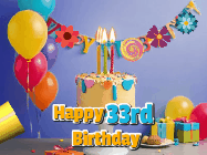 Happy Birthday Age 33 GIF, 33rd Birthday GIF: Happy birthday cake animated gif with flickering candles, balloons, confetti, and text to customize.