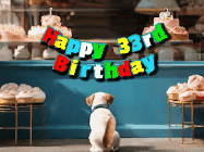 Happy Birthday Age 33 GIF, 33rd Birthday GIF: Cute puppy animated birthday gif with dog watching the cake shop, then cake arrives and tail goes crazy! Customize it!