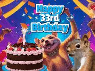 Happy Birthday Age 33 GIF, 33rd Birthday GIF: A silly animated birthday gif, a chipmunk lights bady cake sparkler with laser beam eyes and starts a bright glitter party.