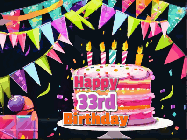 Happy Birthday Age 33 GIF, 33rd Birthday GIF: A beautiful little birthday gif styled after paper cutout art with a birthday cake and falling confetti. It's customizable.