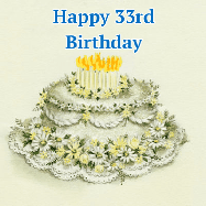 Happy Birthday Age 33 GIF, 33rd Birthday GIF: A beautiful vintage birthday cake design with flickering candles atop and three lines of customized happy birthday text.
