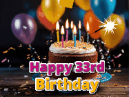 Happy Birthday Age 33 GIF, 33rd Birthday GIF: A birthday cake with flickering candles gif with text reading Happy Birthday and a Name slot to customize