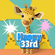 Happy Birthday Age 33 GIF, 33rd Birthday GIF: Cute giraffee birthday gif depicting a paper cutout bobbing giraffe head and birthday text you can customize with sparklers.