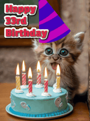 Happy Birthday Age 33 GIF, 33rd Birthday GIF: A cute little cat birthday gif with lighting candles with text reading Happy Birthday Name, to customize