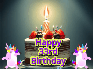 Happy Birthday Age 33 GIF, 33rd Birthday GIF: An animated gif with 2 unicorns and a birthday candle on a cake.