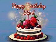 Happy Birthday Age 33 GIF, 33rd Birthday GIF: Animated GIF of a birthday cake covered in berries with 2 sparklers and a candle, reads Happy Birthday Name. Customize it.