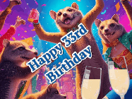 Happy Birthday Age 33 GIF, 33rd Birthday GIF: Happy Birthday GIF depicting a mongoose party with animated fireworks, sparkles and champagne. Reads Happy Birthday Name. Customize it.