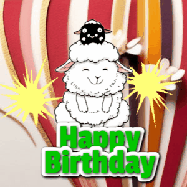 Happy Birthday Age 33 GIF, 33rd Birthday GIF: A cute lamb gif with a bouncing lamb with sparklers with text flashing Happy Birthday Name that can be customized.