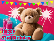 Happy Birthday Age 33 GIF, 33rd Birthday GIF: A cute birthday teddy bear animated birthday gif with the bear holding sparklers and text to customize.