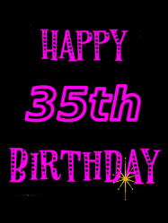 Happy Birthday Age 35 GIF, 35th Birthday GIF: Retro happy birthday GIF with 2 lines of text you can customize on a black background with animated twinkles.