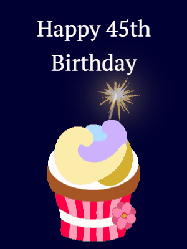 Happy Birthday Age 45 GIF, 45th Birthday GIF: A cute birthday cupcake gif with an animated sparkler and 2 lines of text to customize for a special birthday.