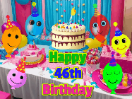 Happy Birthday Age 46 GIF, 46th Birthday GIF: A birthday animated gif with a party room in the background and cute balloons, cake, and name to customize.