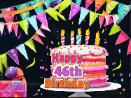 Happy Birthday Age 46 GIF, 46th Birthday GIF: A beautiful little birthday gif styled after paper cutout art with a birthday cake and falling confetti. It's customizable.